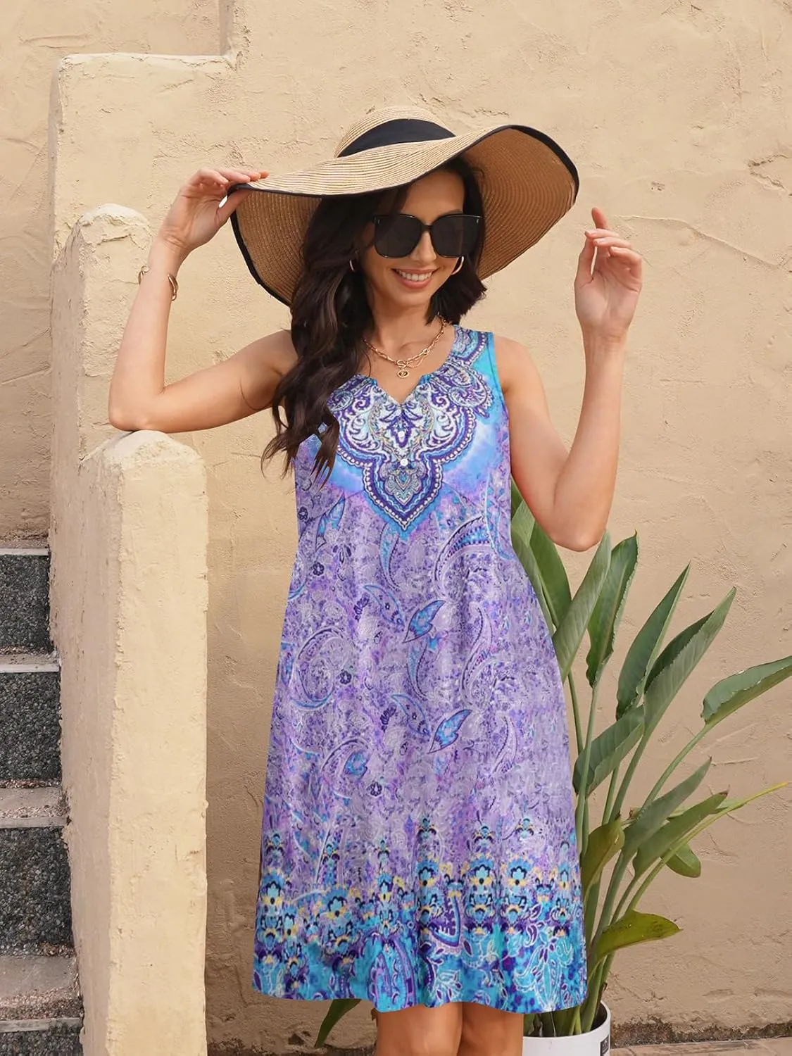 ETCYY Summer Dresses for Women 2025 Vacation Sleeveless Ruffle Beach Mini Dress Button Tank V Neck Floral Leaf Sundresses