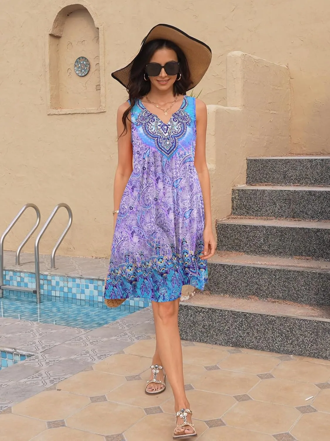 ETCYY Summer Dresses for Women 2025 Vacation Sleeveless Ruffle Beach Mini Dress Button Tank V Neck Floral Leaf Sundresses