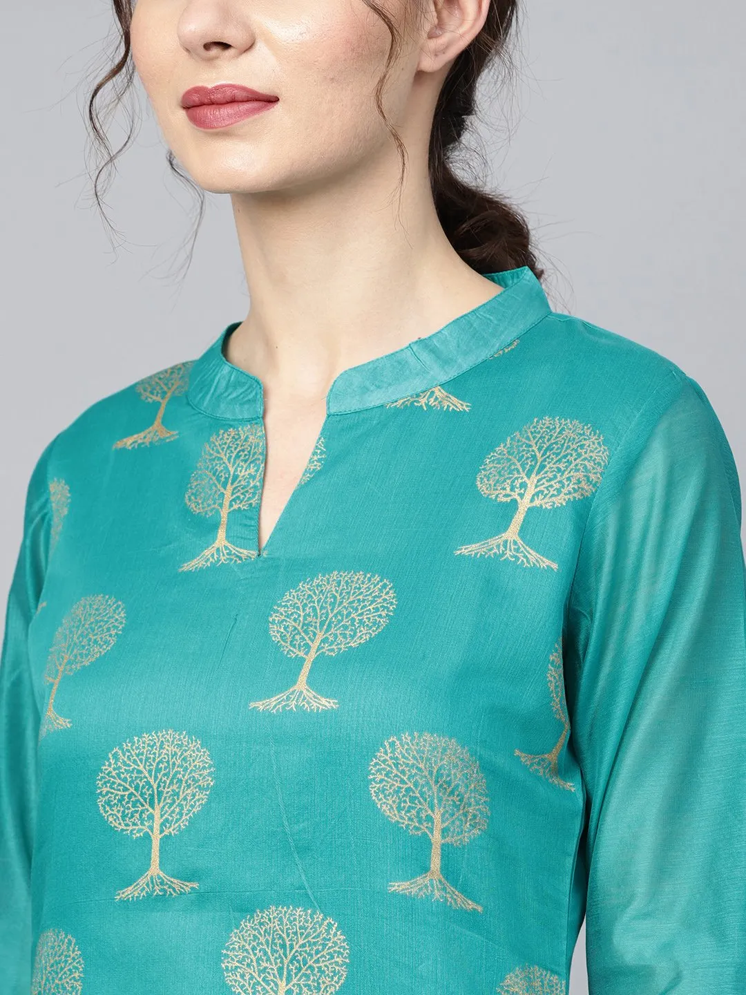Floral Foil Print Chanderi Straight Kurta (With Lining) With Solid Skirt And Printed Dupatta