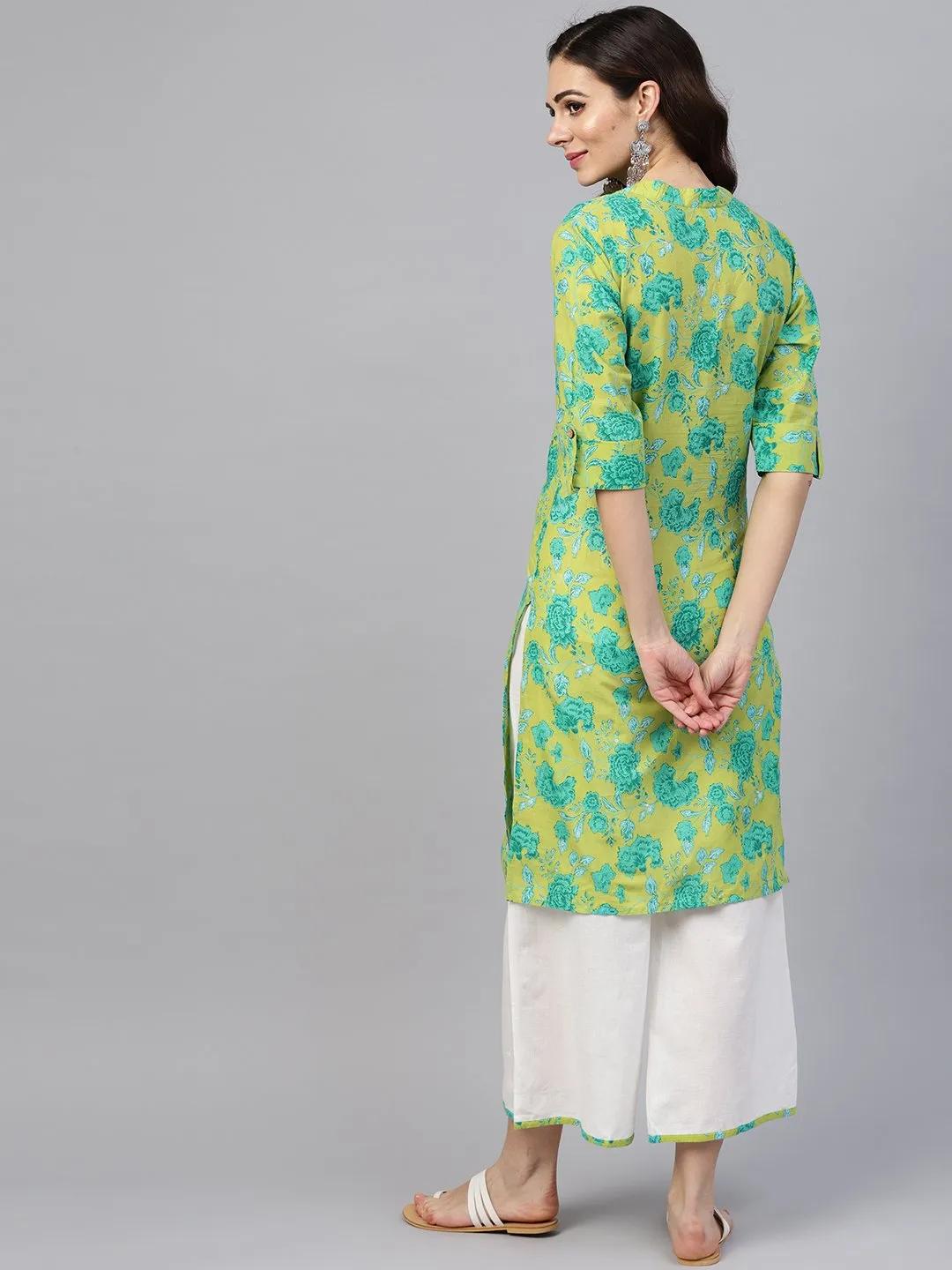 Fluorescent Green & Blue Floral Printed Kurta Set With White Palazzo With Print Detailing