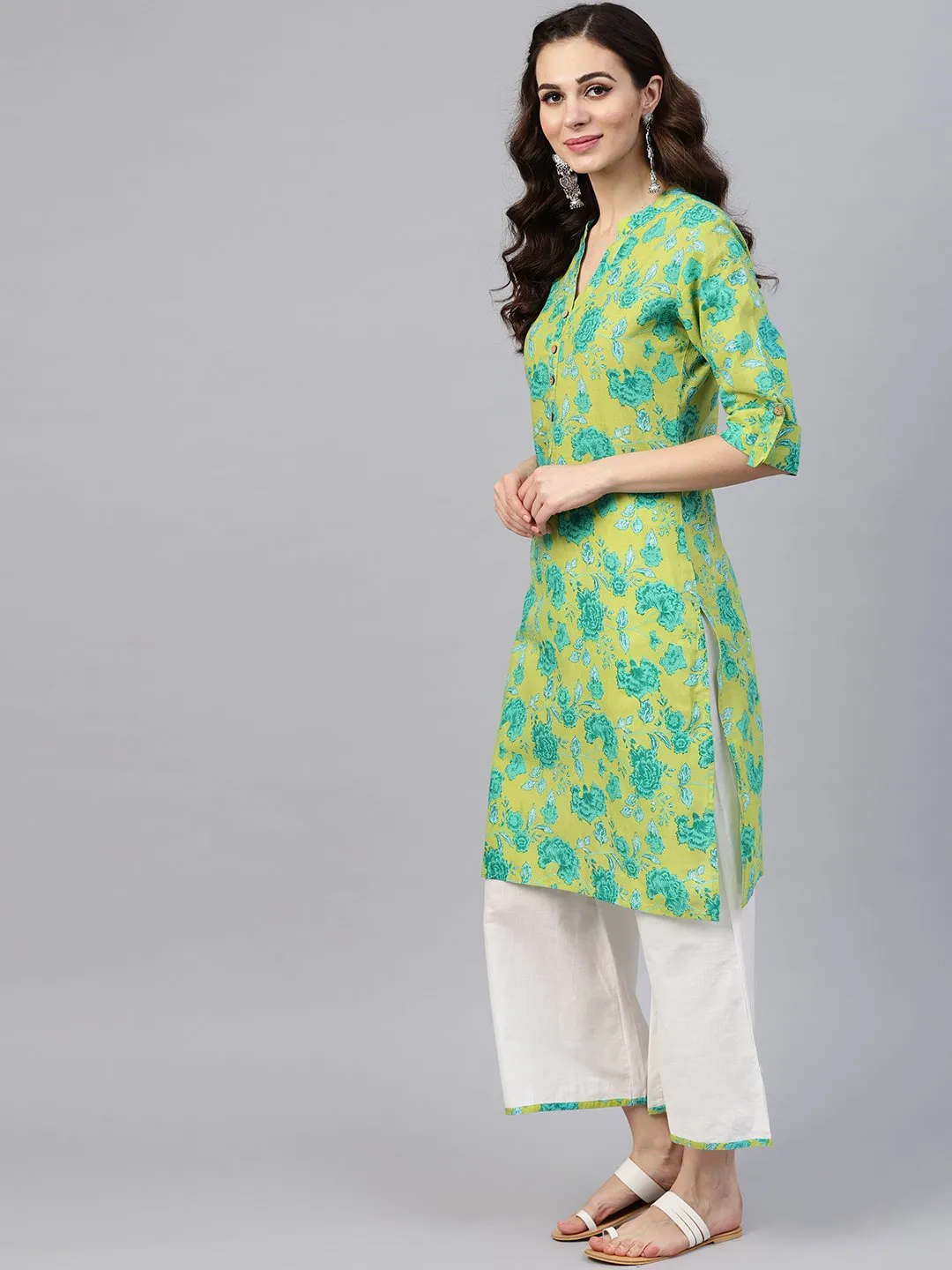 Fluorescent Green & Blue Floral Printed Kurta Set With White Palazzo With Print Detailing
