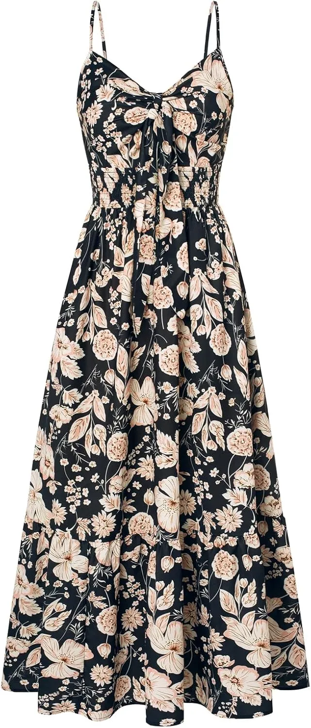 GRACE KARIN Women's 2025 Summer Maxi Dress Floral Tie Front Spaghetti Strap Casual Boho Beach Flowy Sundress with Pockets