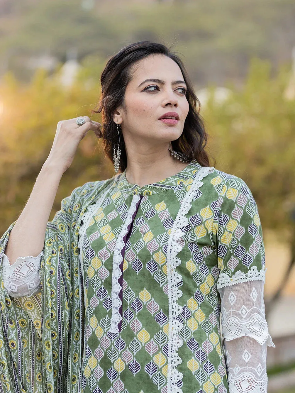 Green Printed Kurta Dupatta Set