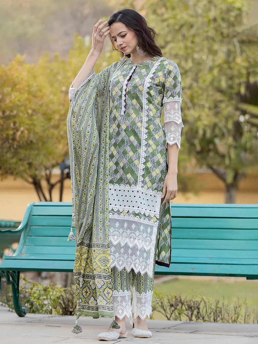 Green Printed Kurta Dupatta Set