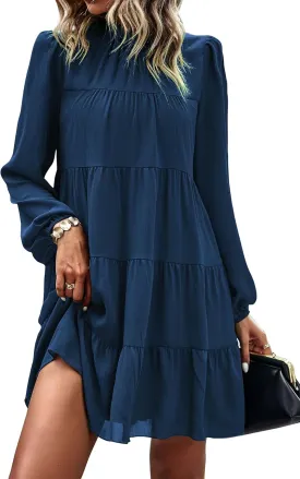 KIRUNDO Women Spring Long Sleeve Ruffle Mock Neck Tiered Mini Babydoll Dress 2025 Casual Summer Flowy Swing Tunic Shift Dress