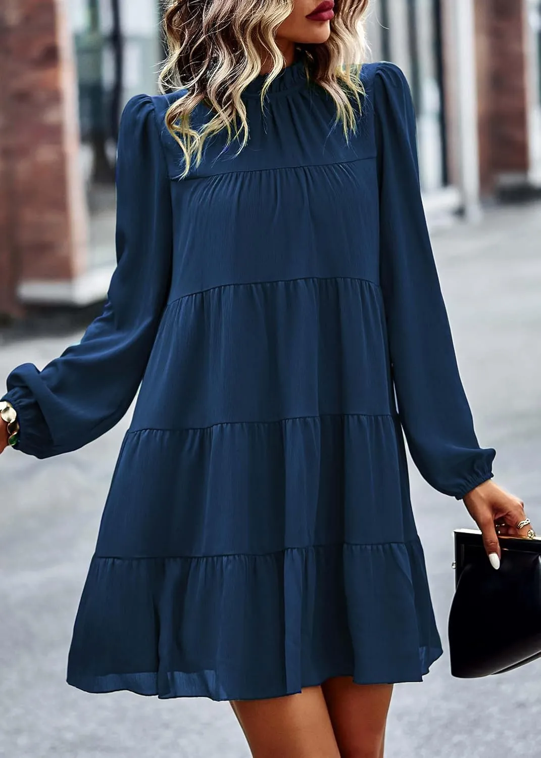 KIRUNDO Women Spring Long Sleeve Ruffle Mock Neck Tiered Mini Babydoll Dress 2025 Casual Summer Flowy Swing Tunic Shift Dress