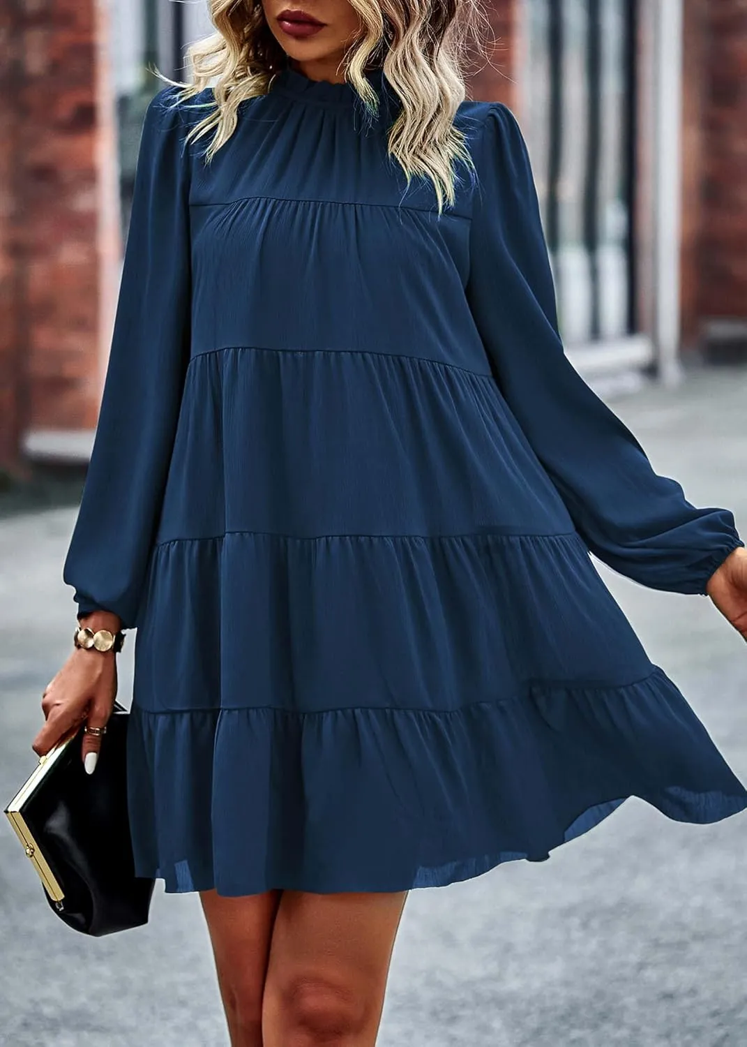 KIRUNDO Women Spring Long Sleeve Ruffle Mock Neck Tiered Mini Babydoll Dress 2025 Casual Summer Flowy Swing Tunic Shift Dress