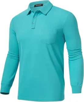 Men's Classic Long Sleeve Polo Shirts Casual Solid Golf Shirts with Pocket