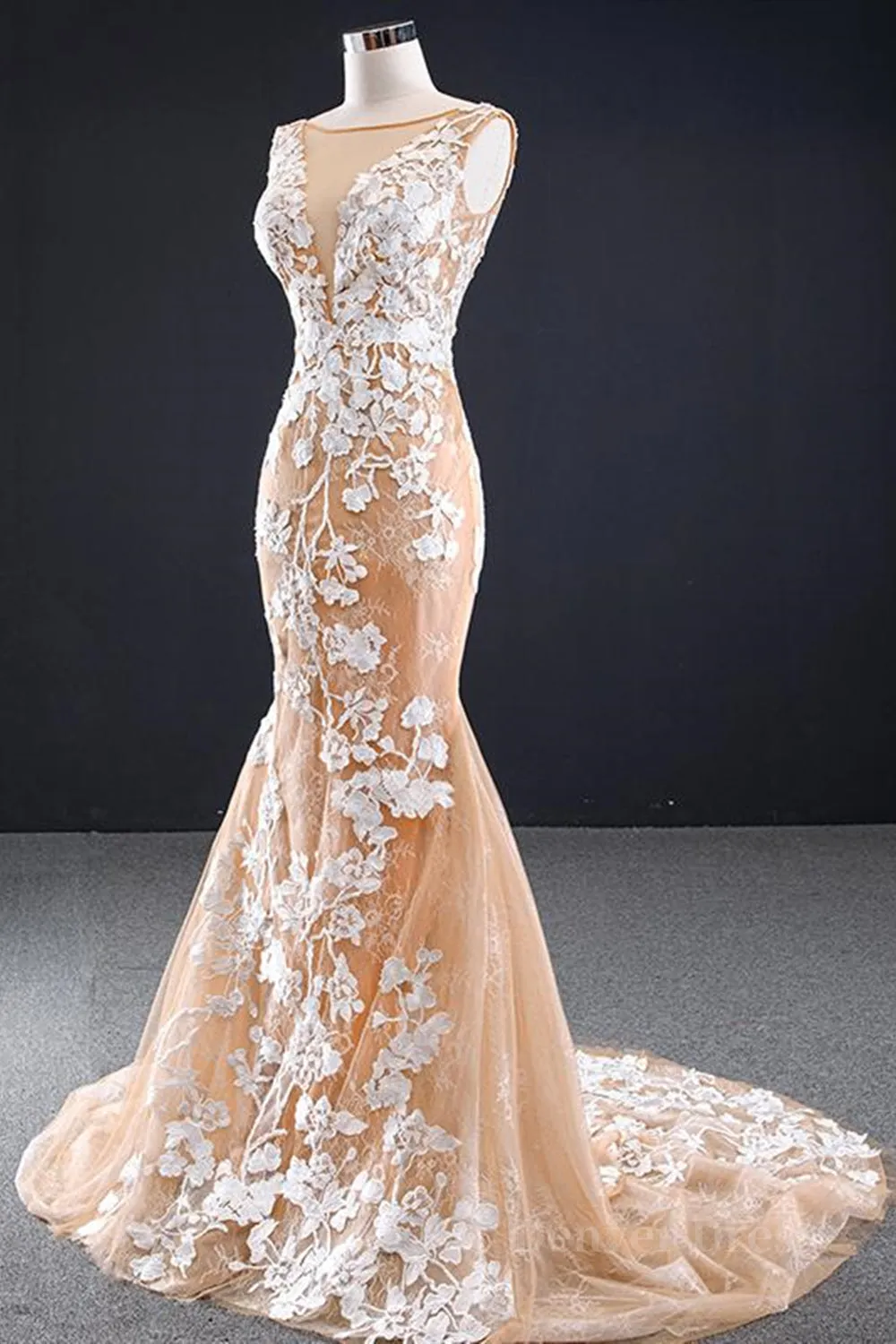 Mermaid Open Back Champagne Lace Long Prom Dresses Champagne Lace Formal Dresses Champagne Evening Dresses