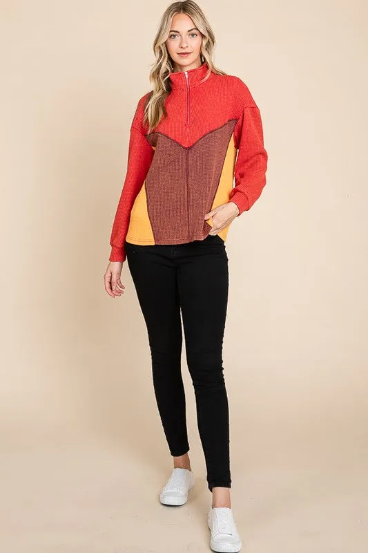 Multi Thermal Color Block Mineral Wash Zip Up Top