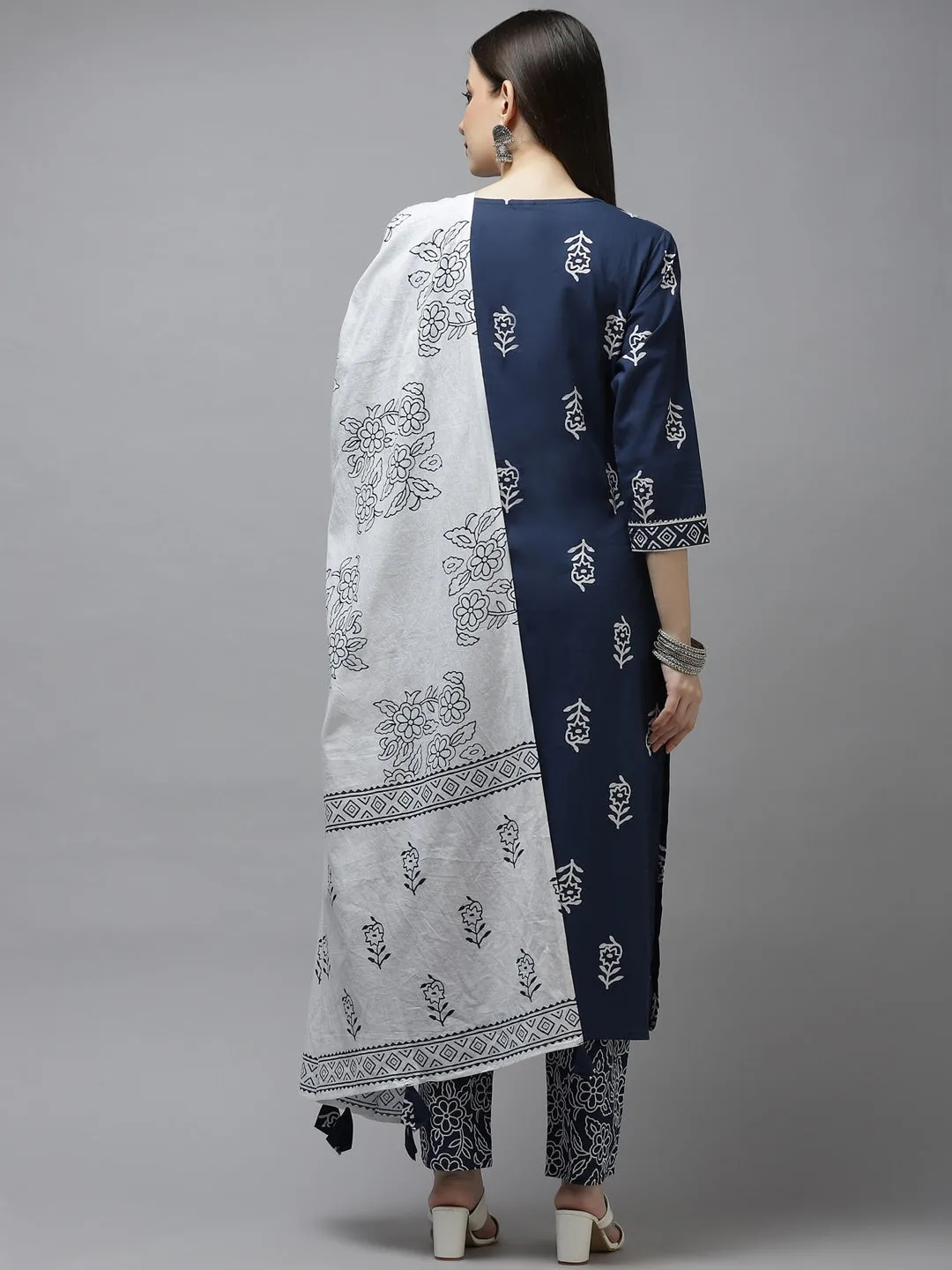 Navy Blue & White Printed Dupatta Set