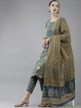 Navy Blue Printed Cotton Dupatta Set