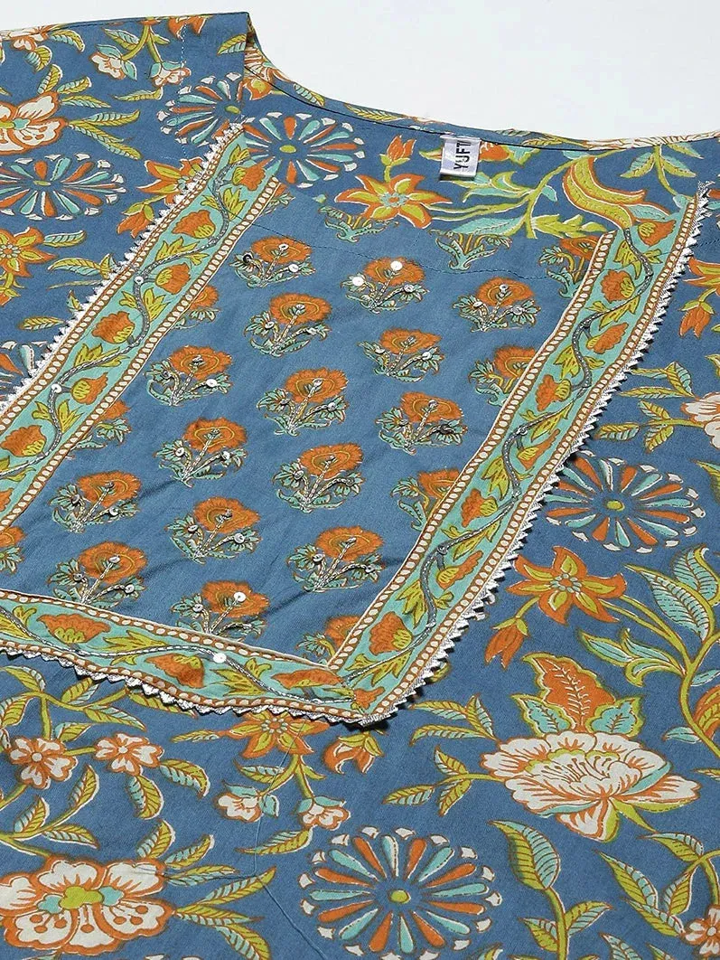 Navy Blue Printed Cotton Dupatta Set