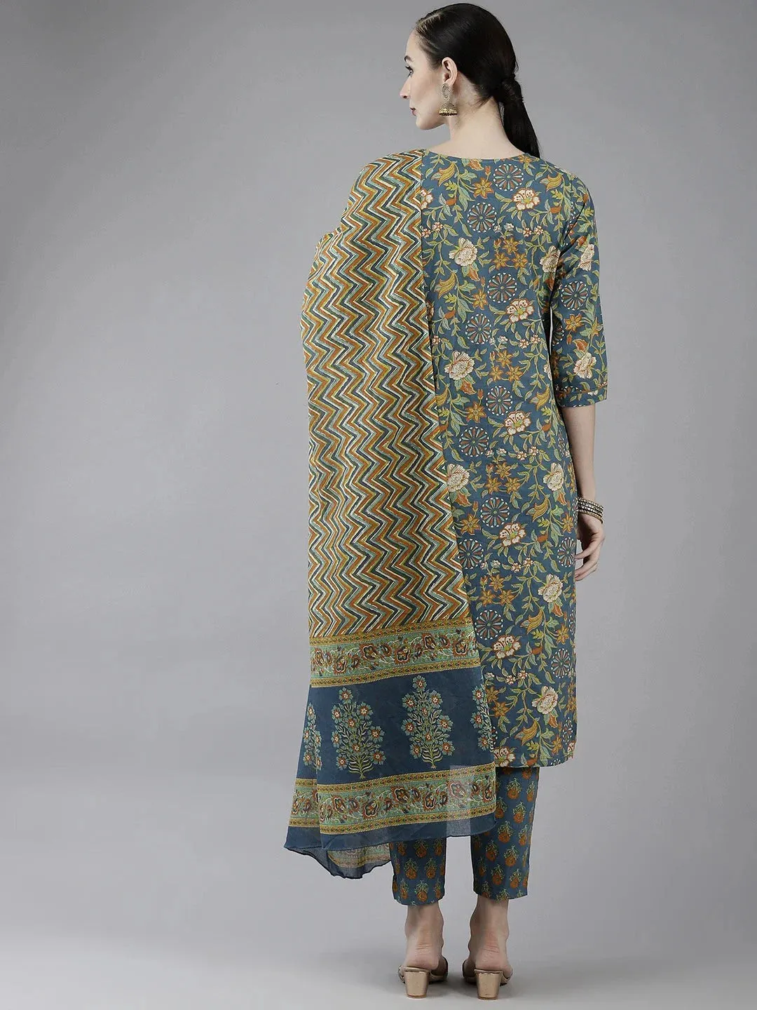 Navy Blue Printed Cotton Dupatta Set