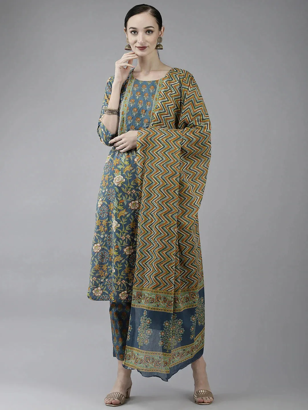 Navy Blue Printed Cotton Dupatta Set