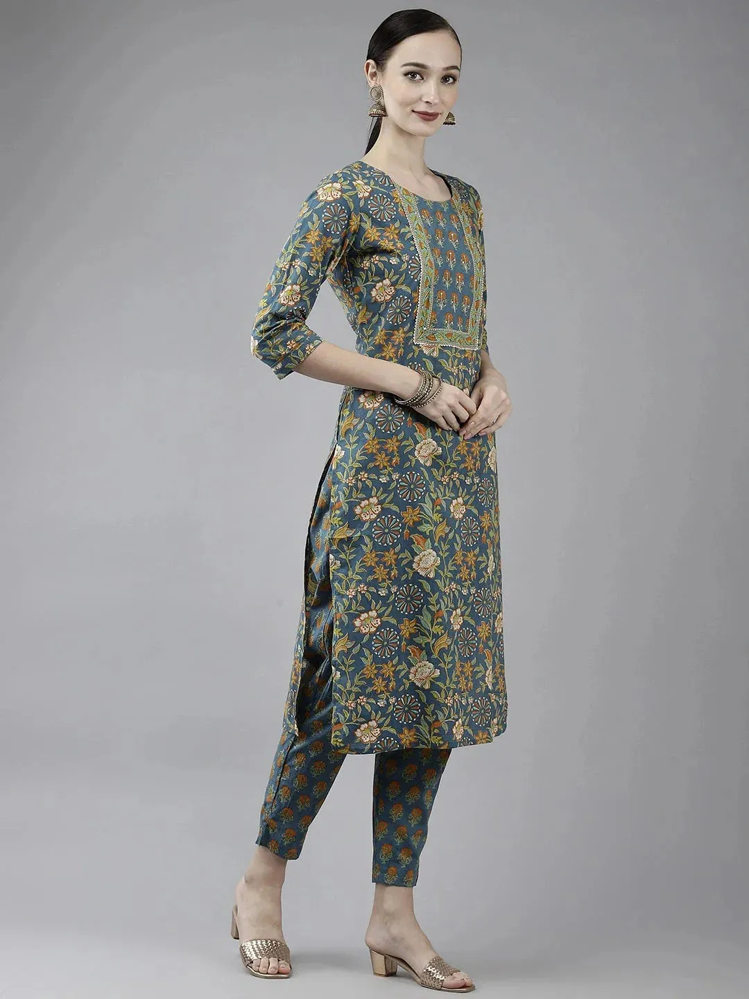Navy Blue Printed Cotton Dupatta Set