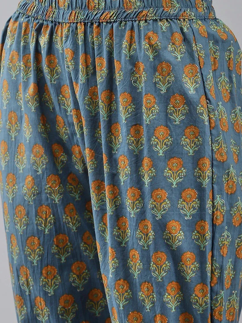 Navy Blue Printed Cotton Dupatta Set