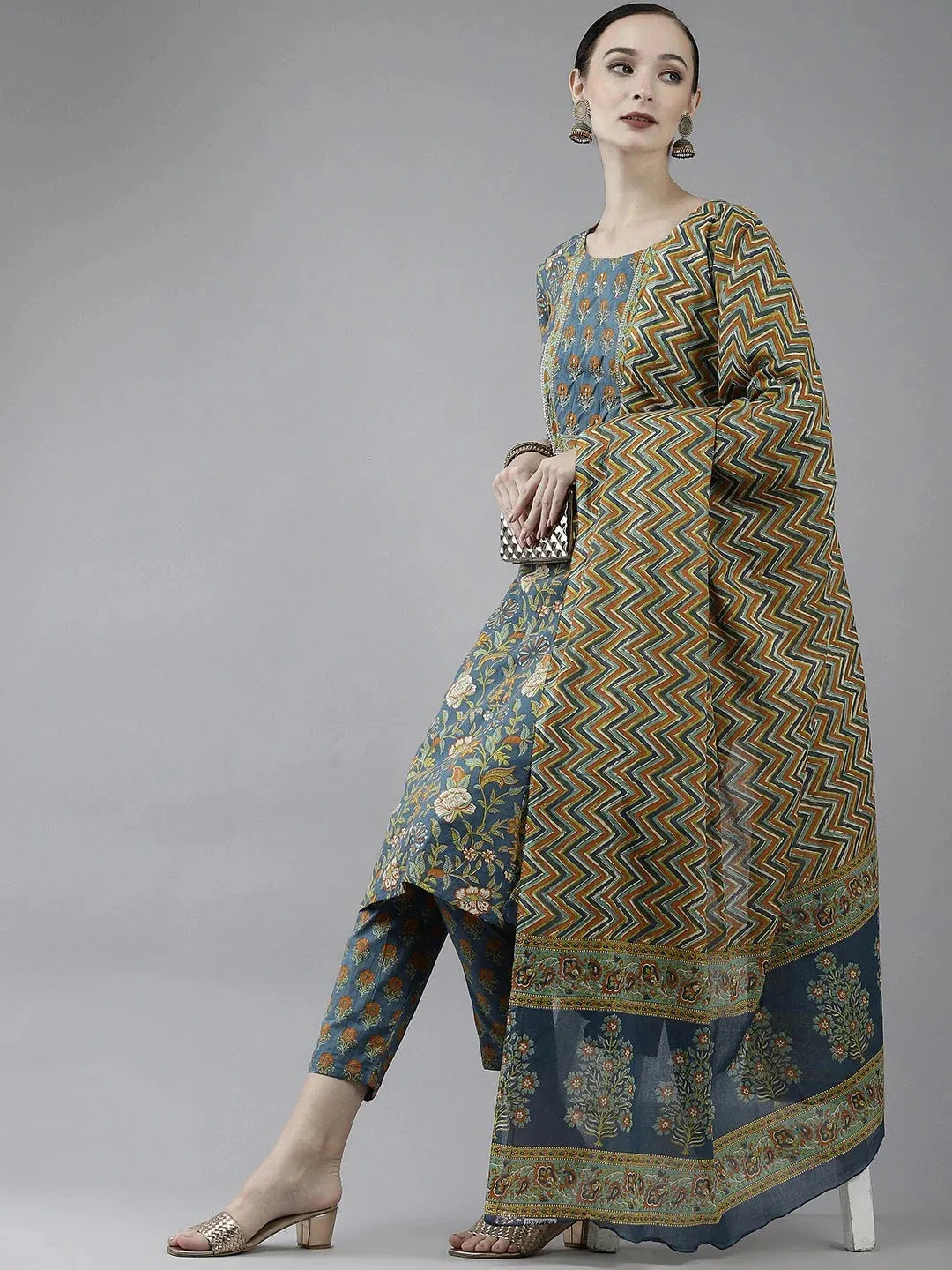 Navy Blue Printed Cotton Dupatta Set