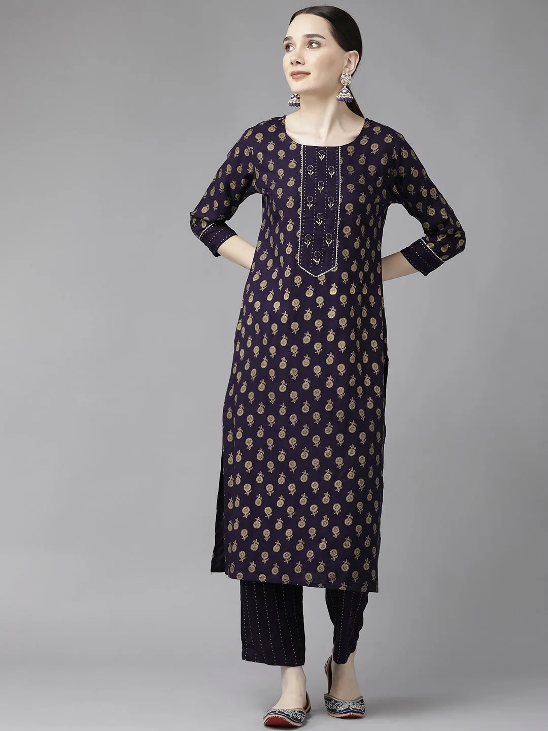 Navy Blue Printed Kurta Set