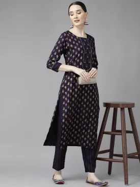 Navy Blue Printed Kurta Set