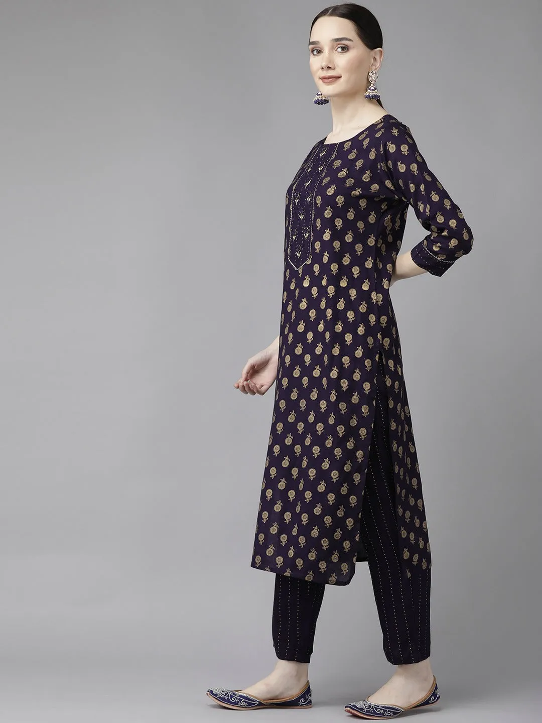 Navy Blue Printed Kurta Set