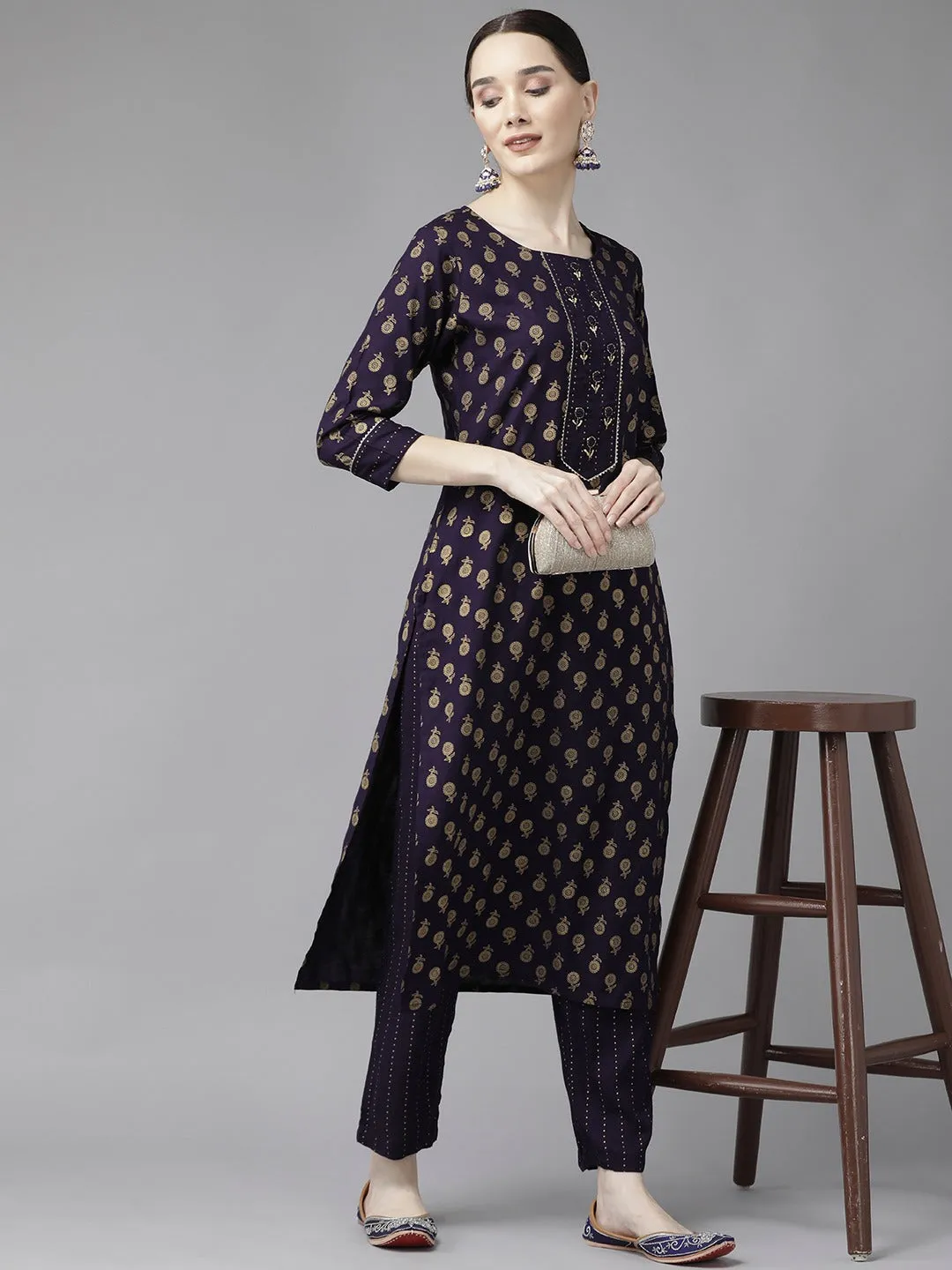 Navy Blue Printed Kurta Set