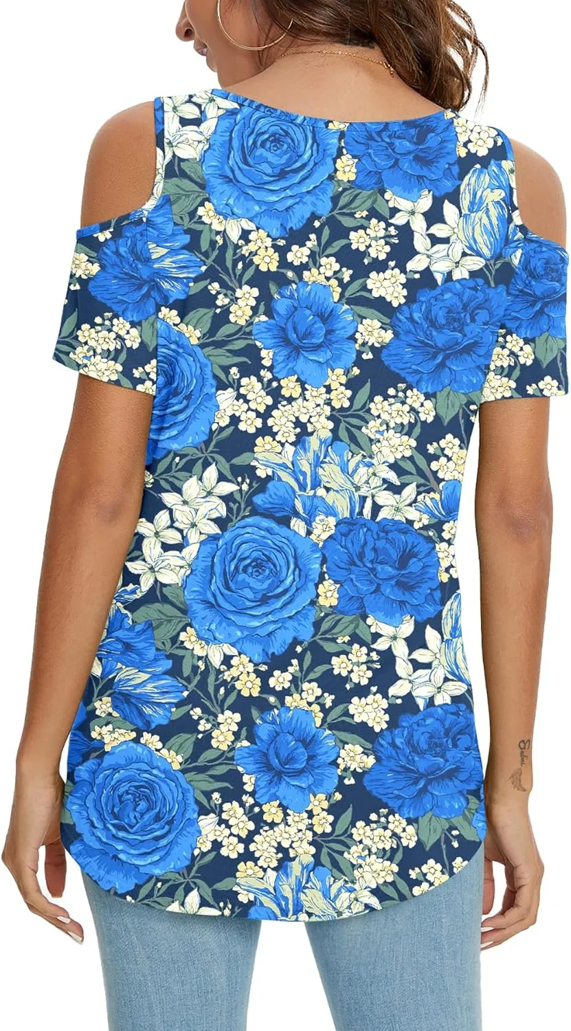 NILOUFO Womens Summer Casual Shirts Short Sleeve Cold Shoulder Tops Blouses Tunics