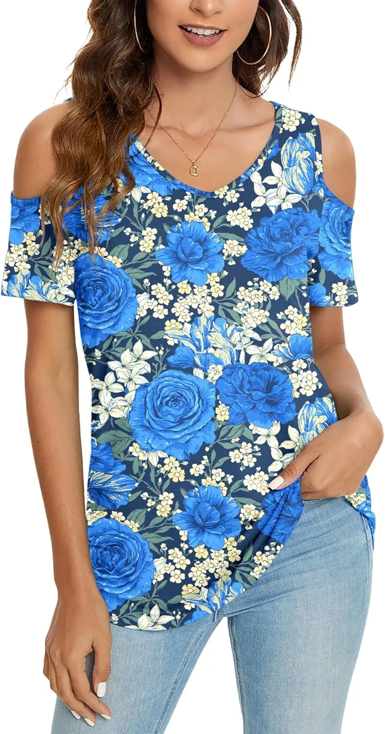 NILOUFO Womens Summer Casual Shirts Short Sleeve Cold Shoulder Tops Blouses Tunics