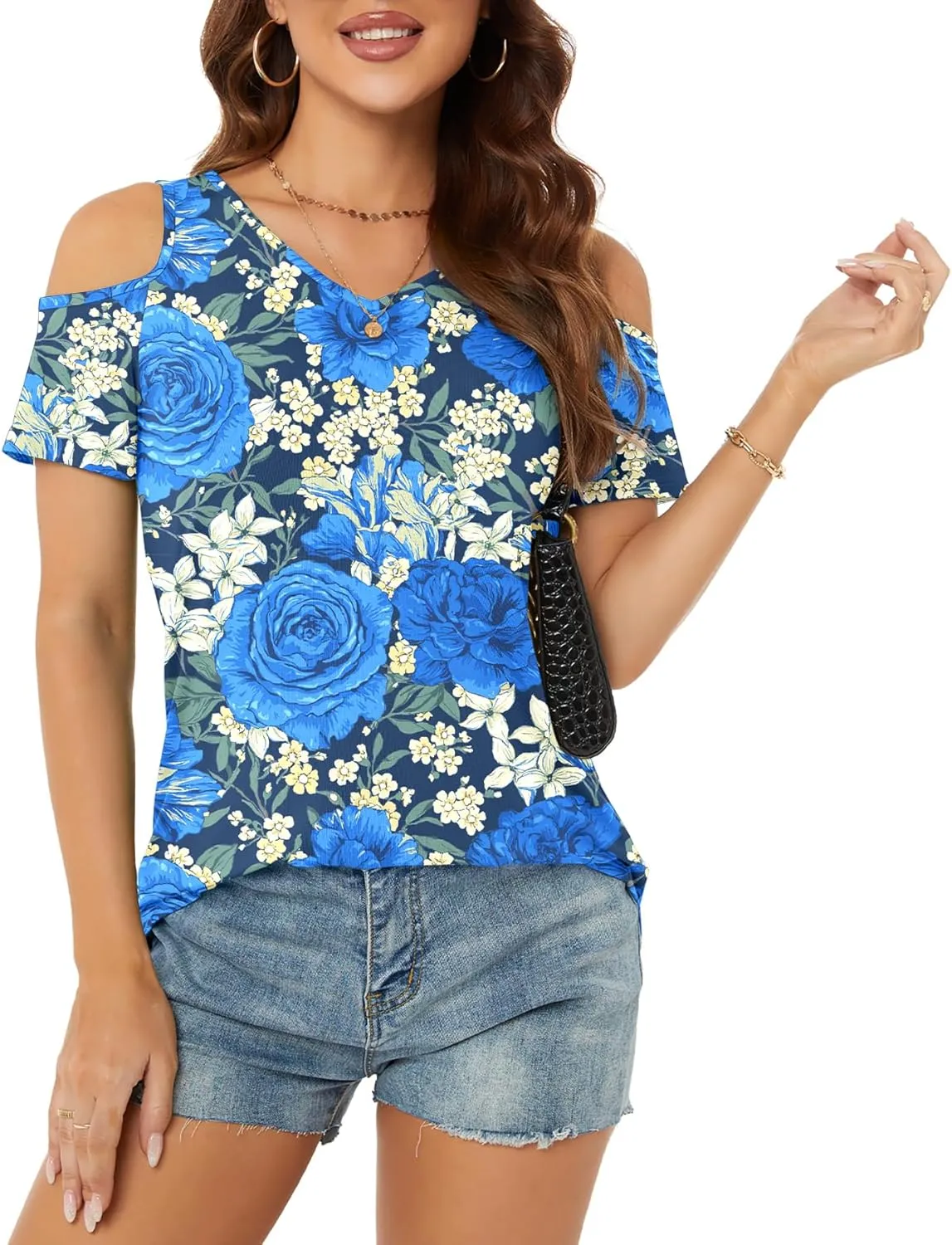 NILOUFO Womens Summer Casual Shirts Short Sleeve Cold Shoulder Tops Blouses Tunics