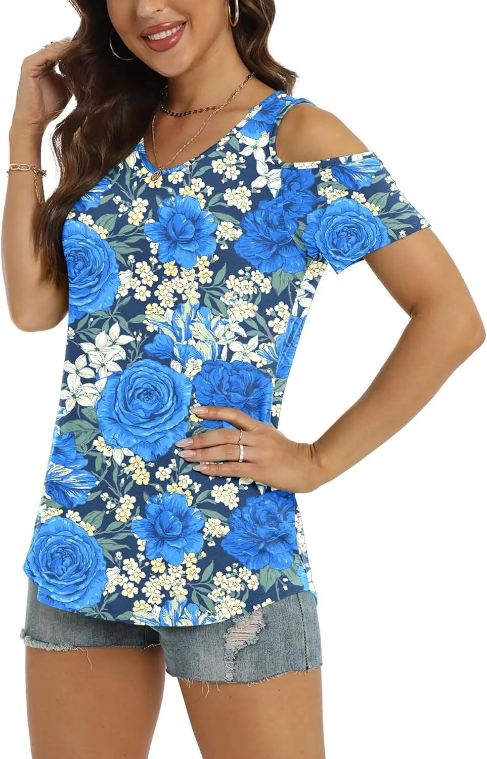 NILOUFO Womens Summer Casual Shirts Short Sleeve Cold Shoulder Tops Blouses Tunics