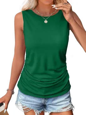 OFEEFAN Womens Ruched Tank Tops Crewneck Casual Summer Tops Basic Sleeveless Shirts