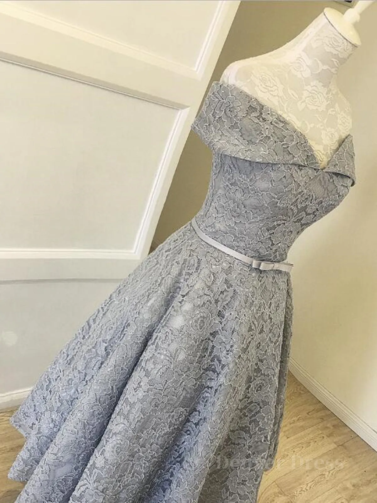 Off Shoulder Tea Length Gray Lace Prom Dresses Off the Shoulder Gray Homecoming Dresses Gray Lace Formal Evening Dresses
