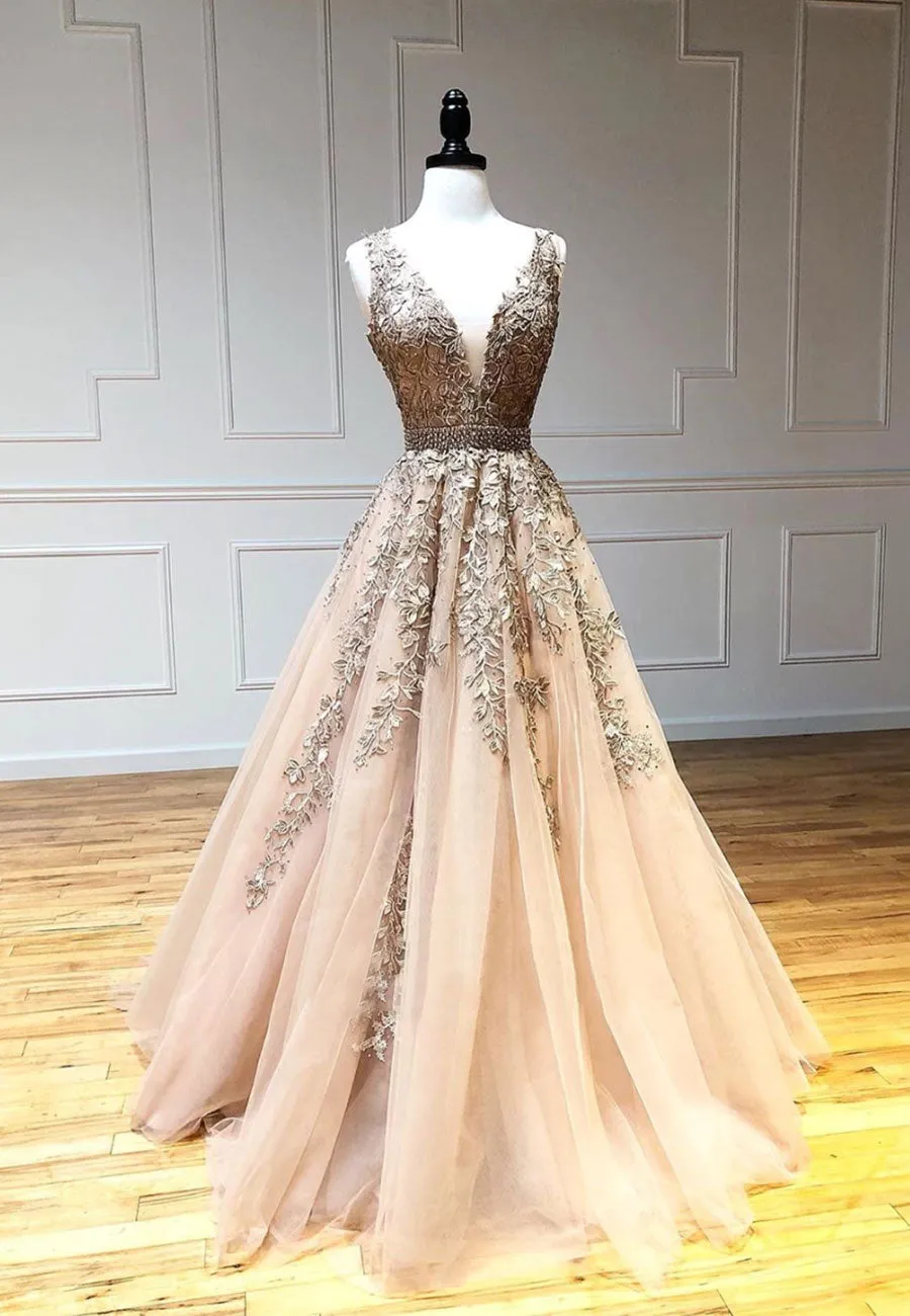 Plunging V-Neck Tulle Long Prom Dresses Lace Formal Dresses