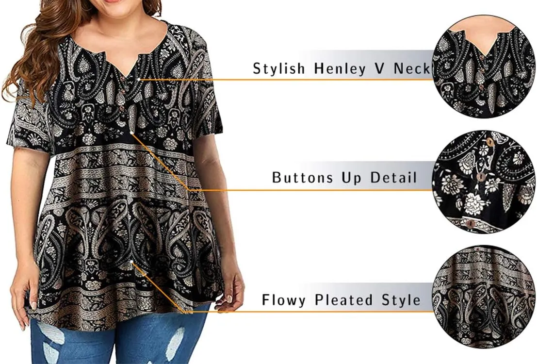 Plus-Size Tops for Women Summer Henley Shirts Flowy Tunics Tee