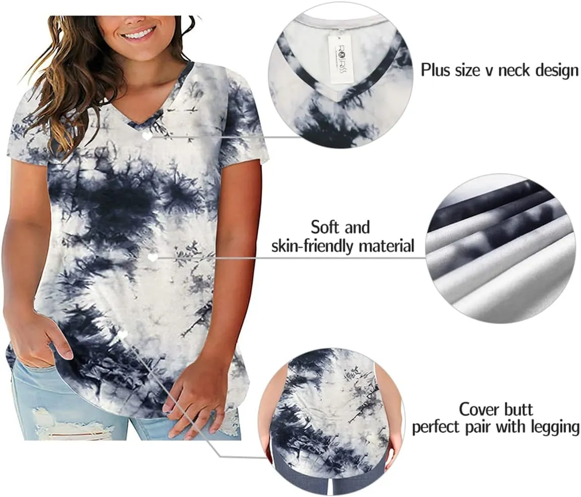 ROSRISS Plus Size Tops for Women Casual Summer T Shirts V Neck Short Sleeve Tunics