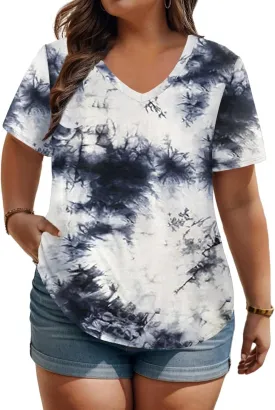ROSRISS Plus Size Tops for Women Casual Summer T Shirts V Neck Short Sleeve Tunics
