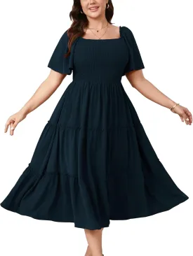 SCOMCHIC Women's Plus Size Dresses Short Sleeve Square Neck Smocked Flowy A-Line Boho Wedding Guest Cocktail Maxi Dress