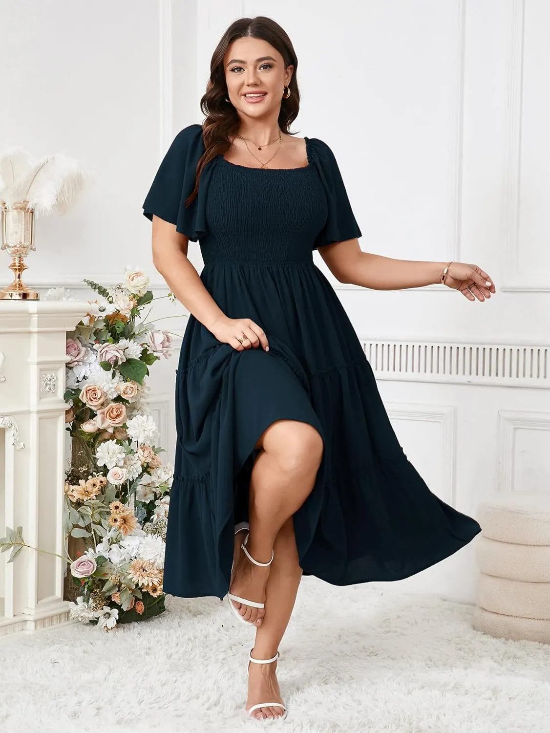 SCOMCHIC Women's Plus Size Dresses Short Sleeve Square Neck Smocked Flowy A-Line Boho Wedding Guest Cocktail Maxi Dress