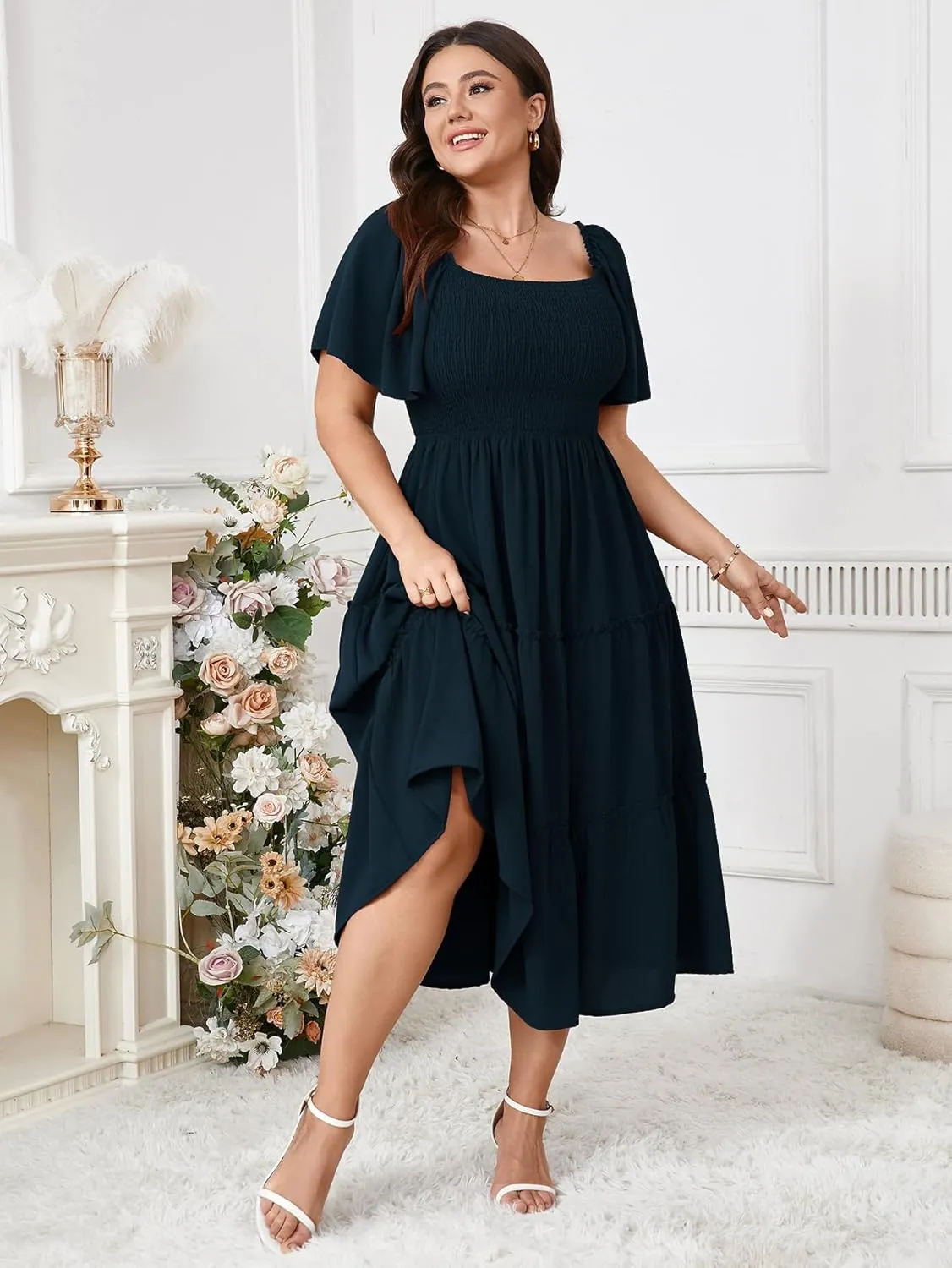 SCOMCHIC Women's Plus Size Dresses Short Sleeve Square Neck Smocked Flowy A-Line Boho Wedding Guest Cocktail Maxi Dress