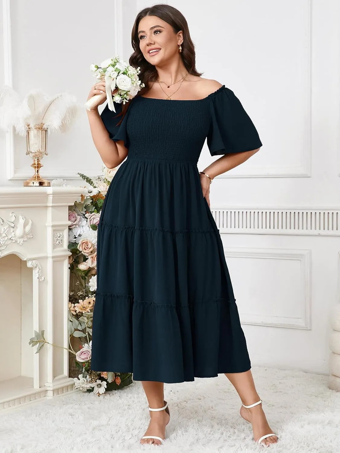 SCOMCHIC Women's Plus Size Dresses Short Sleeve Square Neck Smocked Flowy A-Line Boho Wedding Guest Cocktail Maxi Dress