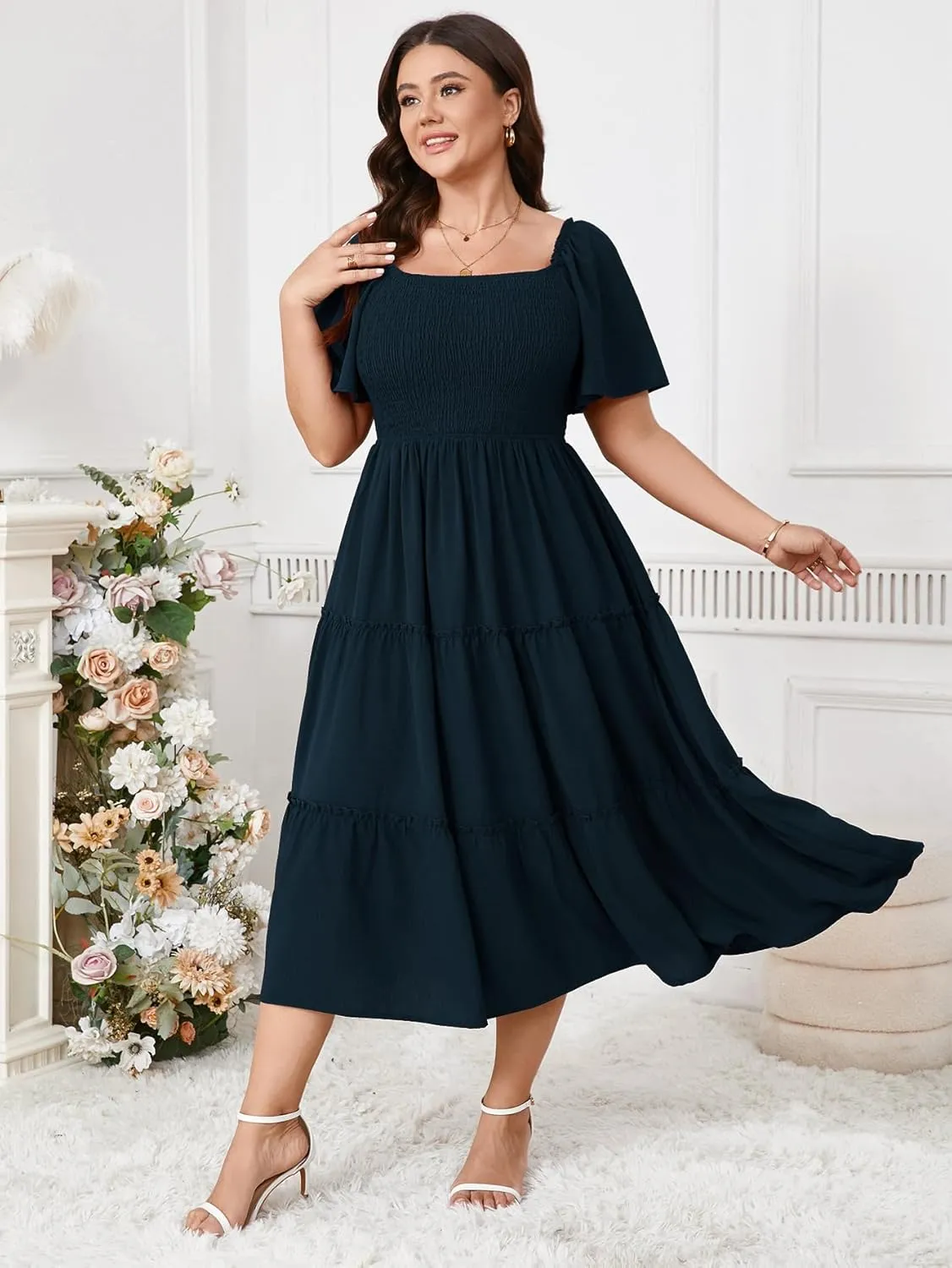 SCOMCHIC Women's Plus Size Dresses Short Sleeve Square Neck Smocked Flowy A-Line Boho Wedding Guest Cocktail Maxi Dress