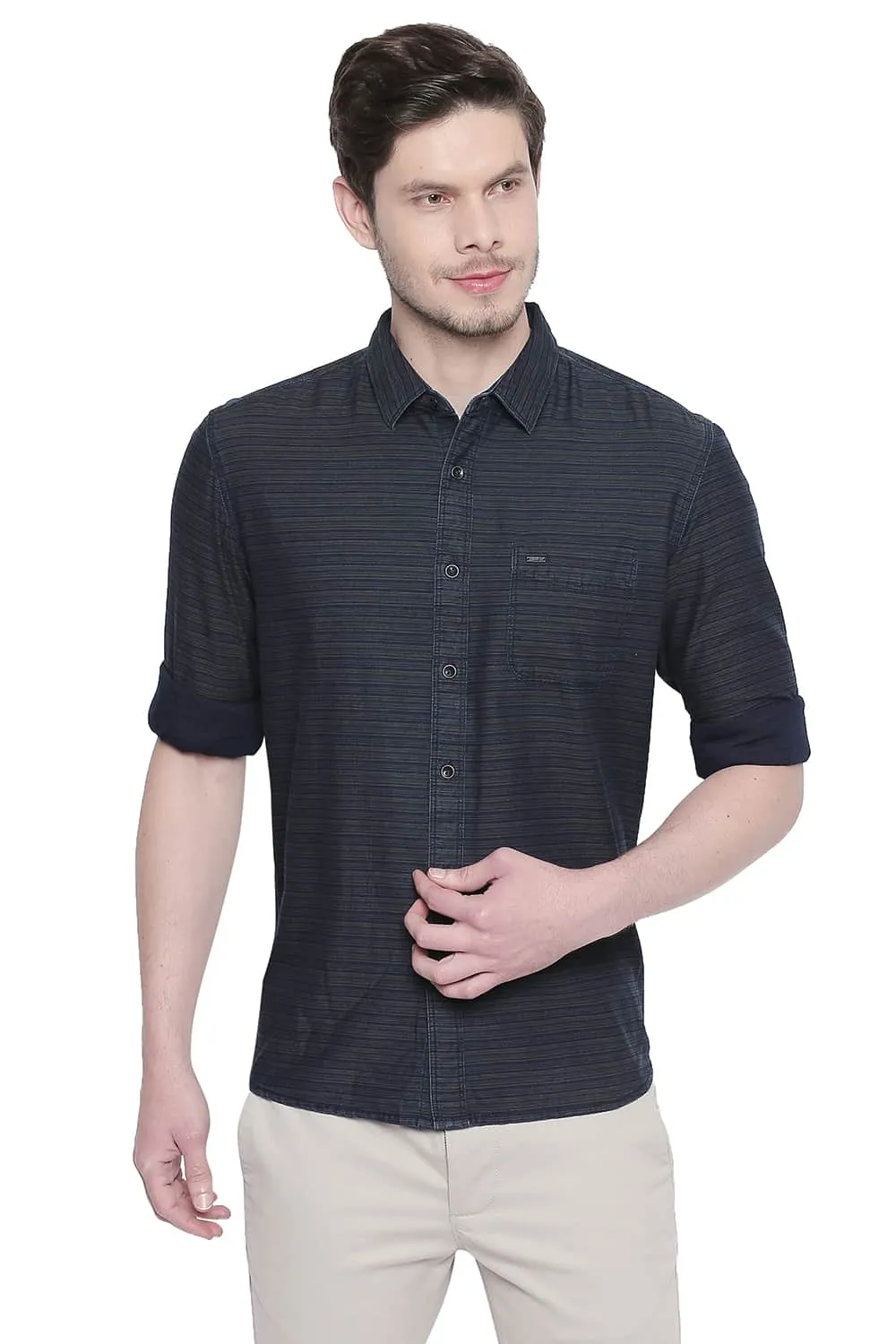 Slim Fit Indigo Weft Stripes Shirt