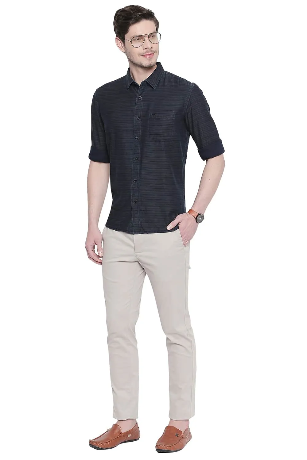 Slim Fit Indigo Weft Stripes Shirt