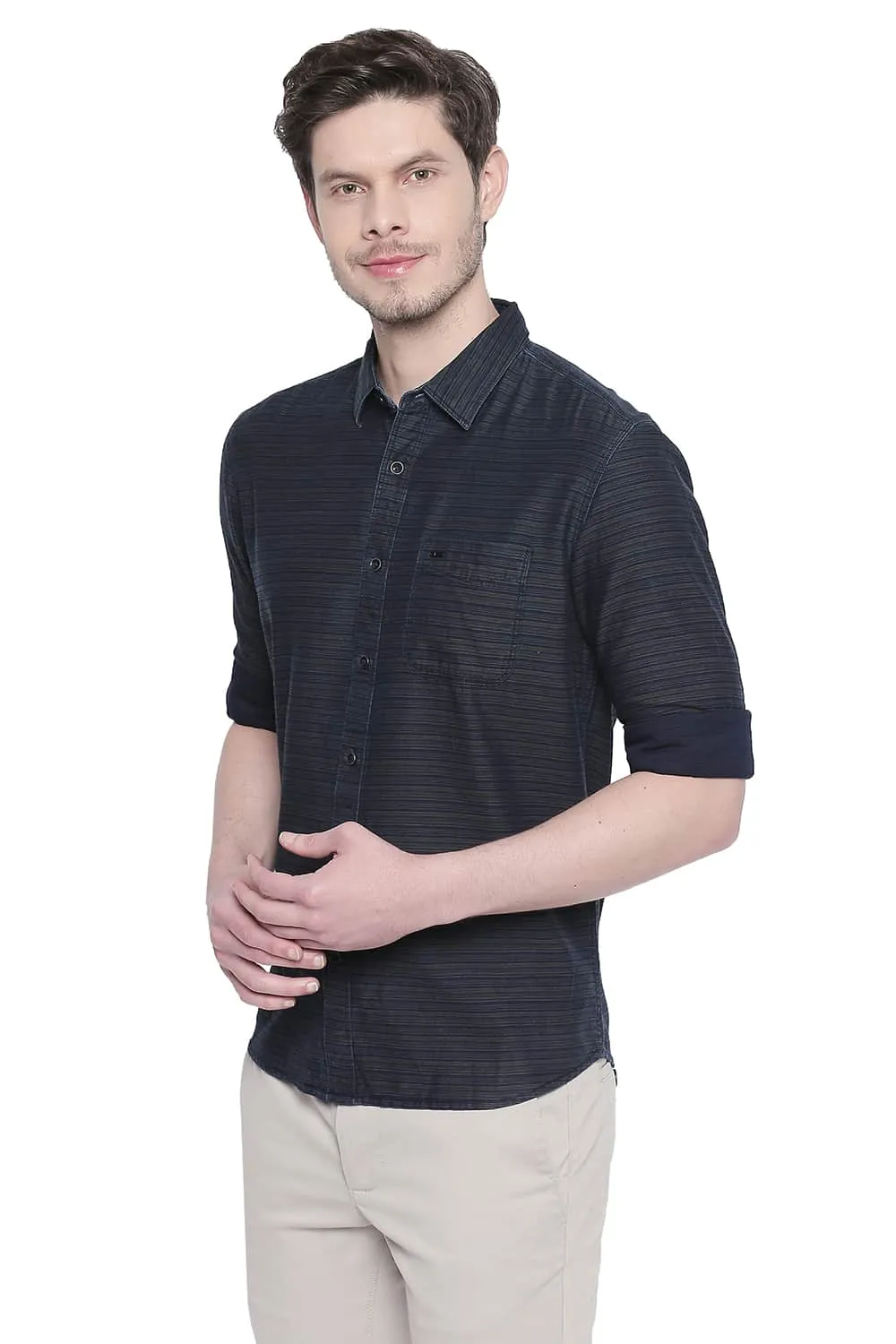 Slim Fit Indigo Weft Stripes Shirt
