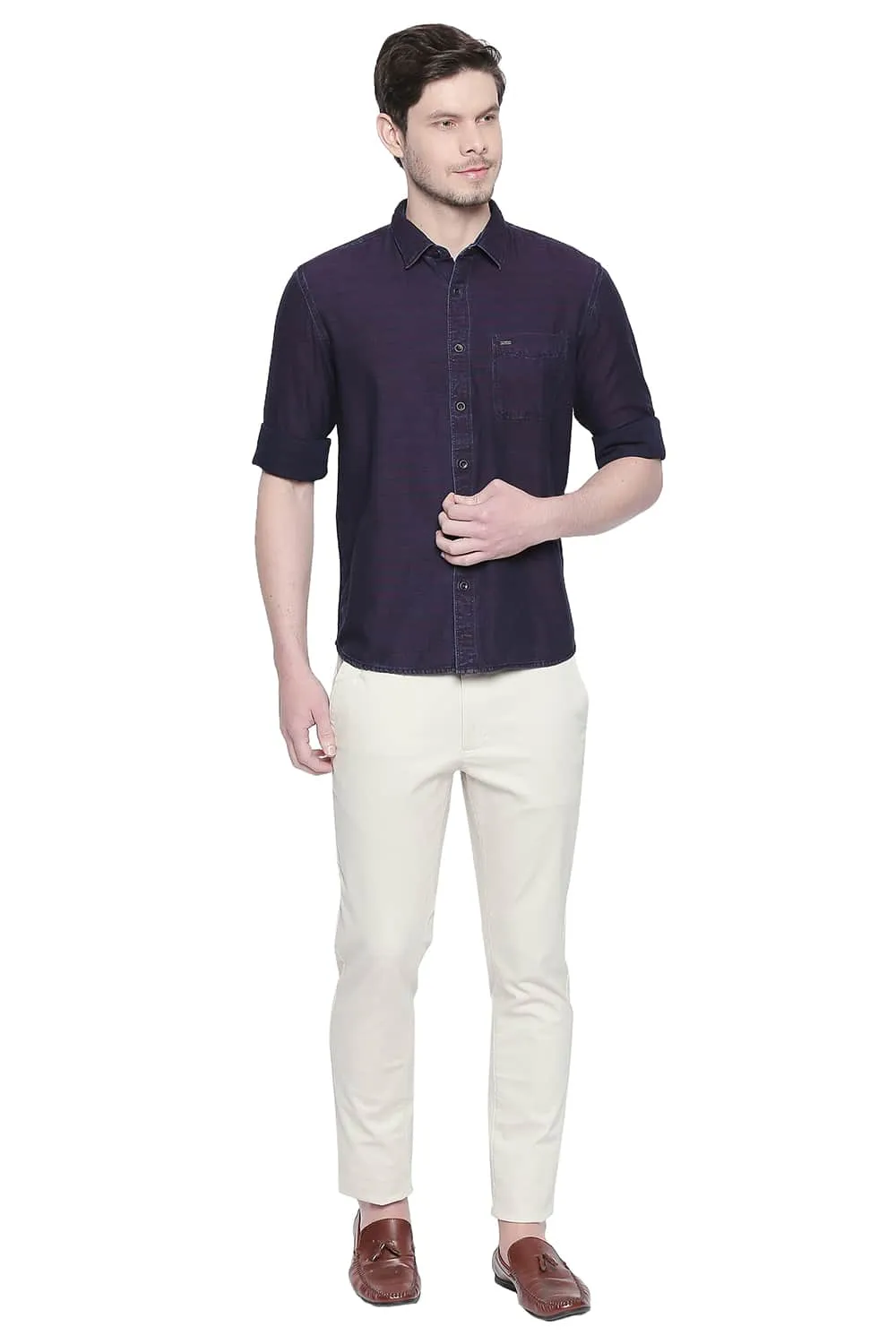 Slim Fit Indigo Weft Stripes Shirt