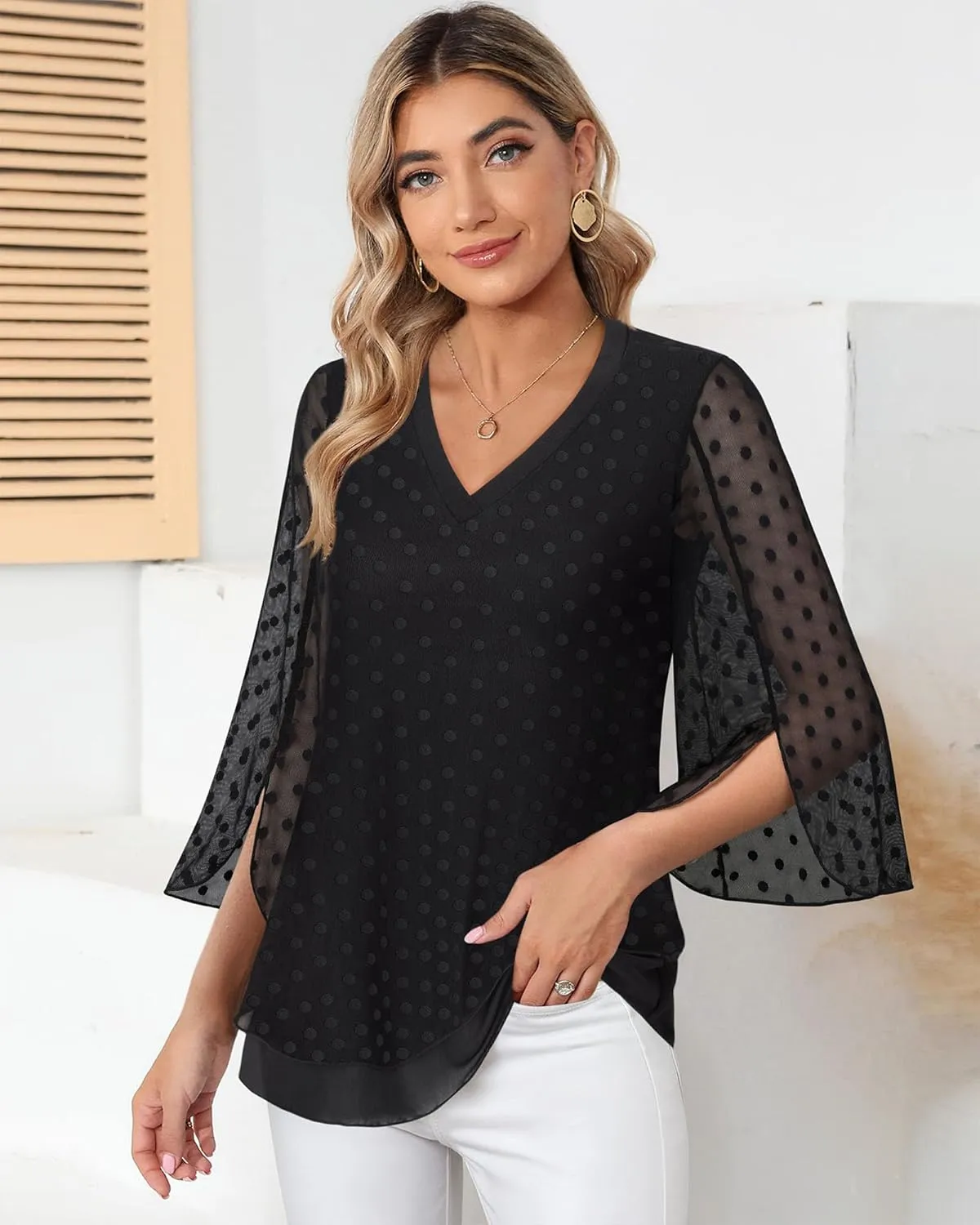 Timeson Women's 3/4 Sleeve Floral Blouses Shirts Double Layers V Neck Dressy Tunics Tops