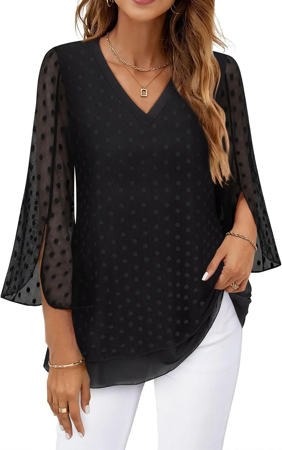 Timeson Women's 3/4 Sleeve Floral Blouses Shirts Double Layers V Neck Dressy Tunics Tops