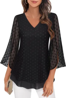 Timeson Women's 3/4 Sleeve Floral Blouses Shirts Double Layers V Neck Dressy Tunics Tops