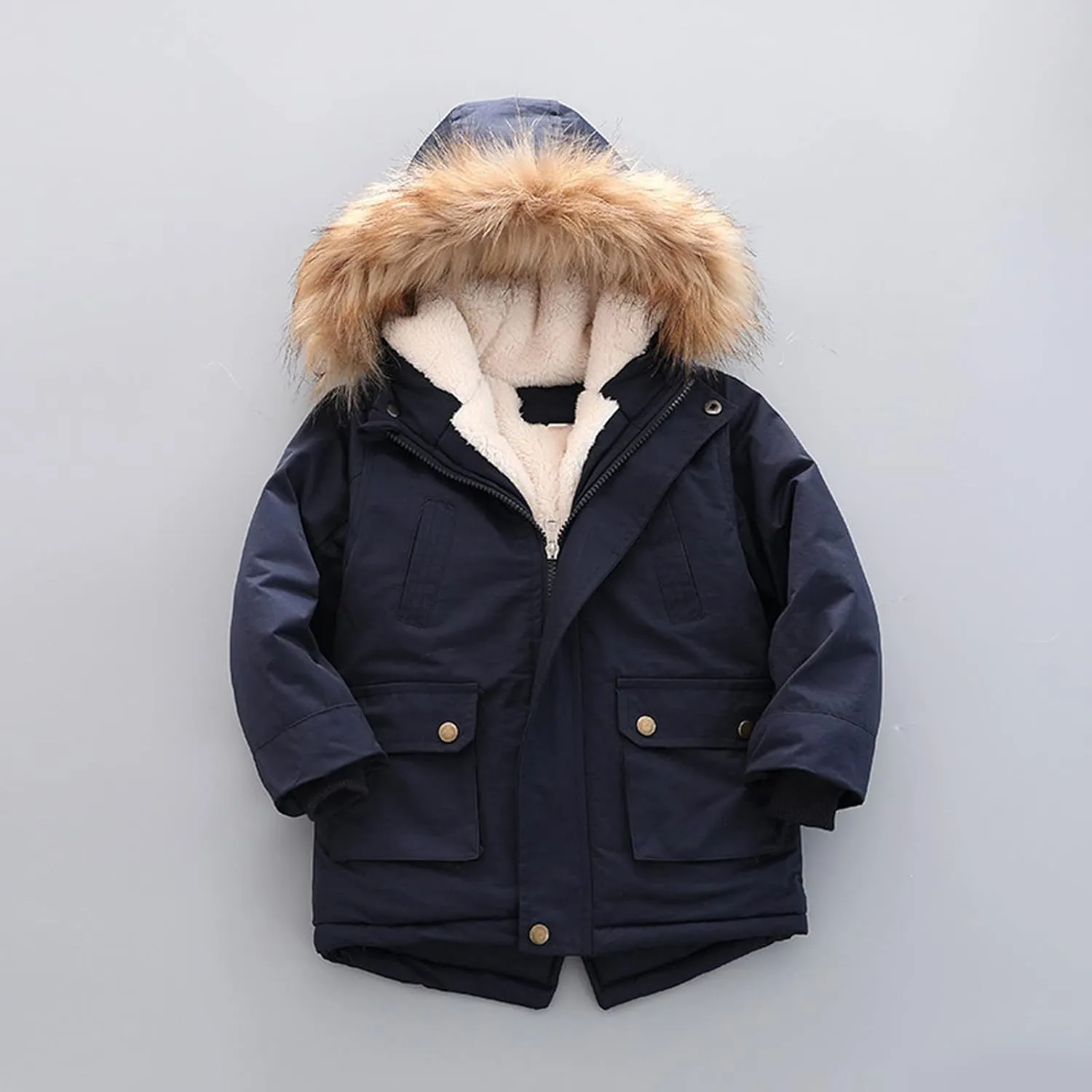 Toddler Girls Boys Padded Parka Thick Warm Jacket Faux Fur Hooded Fleece Coat for Kids Midweight Winter Jacket