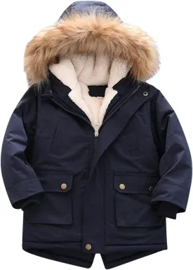 Toddler Girls Boys Padded Parka Thick Warm Jacket Faux Fur Hooded Fleece Coat for Kids Midweight Winter Jacket